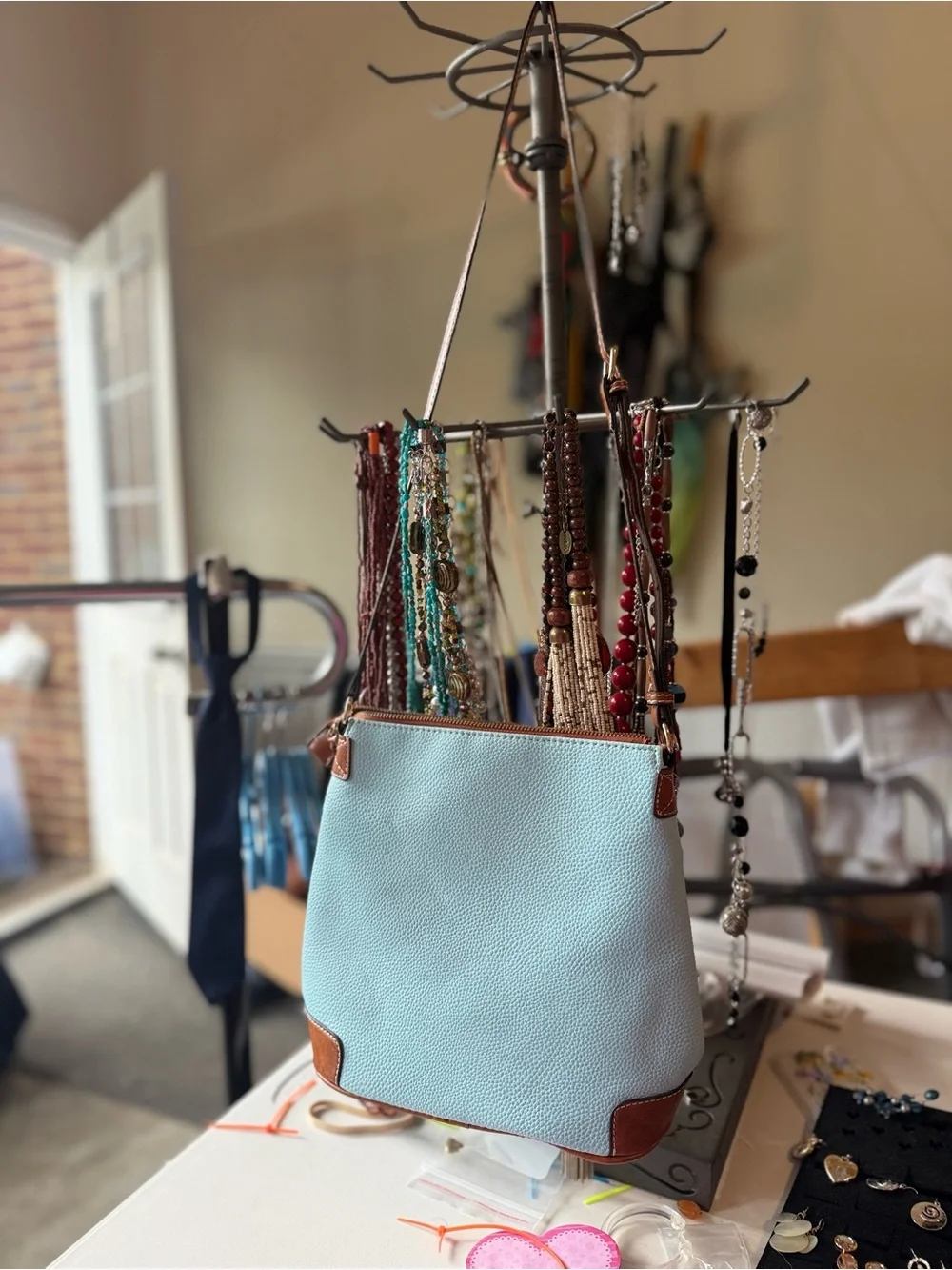 FAUX D&B Light Blue Pebbled Leather Crossbody with Tan Trim